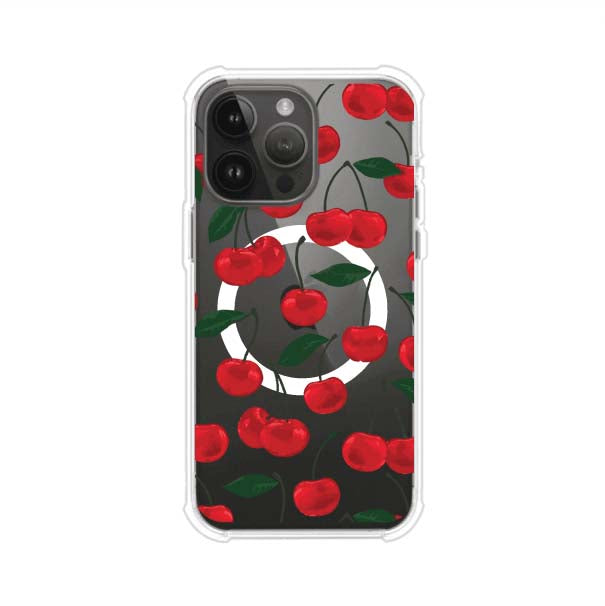 Funda personalizada para iPhone con diseño aesthetic de cerezas (cherries) rojas sobre fondo rosa, ideal para un estilo juvenil y divertido. Producto de Remark MX