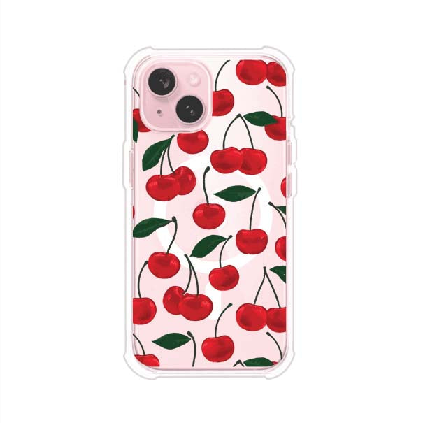 Funda personalizada para iPhone con diseño aesthetic de cerezas (cherries) rojas sobre fondo rosa, ideal para un estilo juvenil y divertido. Producto de Remark MX