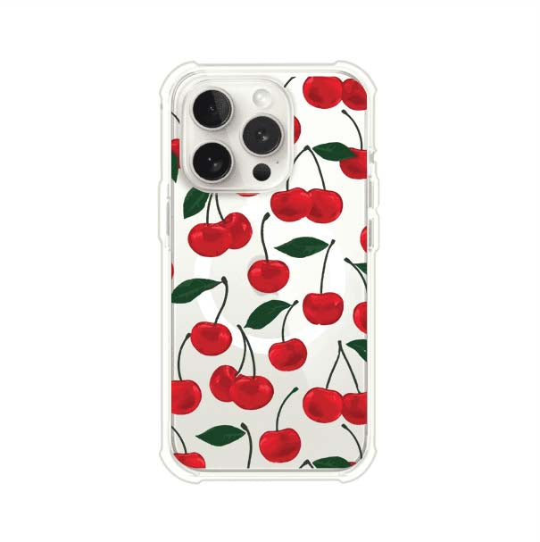 Funda personalizada para iPhone con diseño aesthetic de cerezas (cherries) rojas sobre fondo rosa, ideal para un estilo juvenil y divertido. Producto de Remark MX