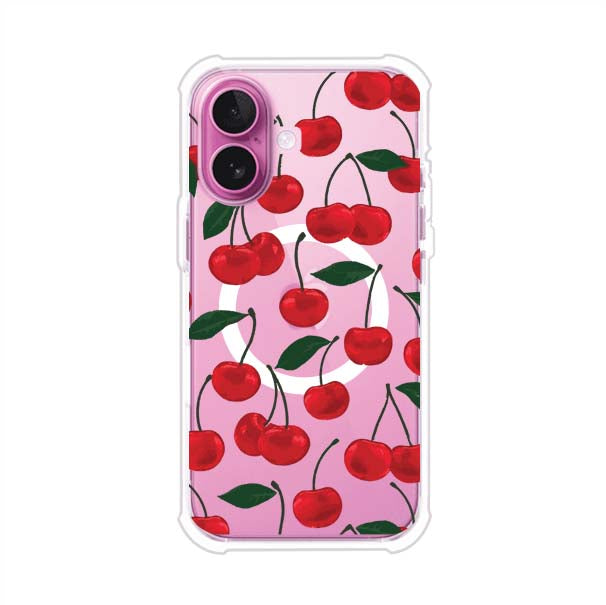 Funda personalizada para iPhone con diseño aesthetic de cerezas (cherries) rojas sobre fondo rosa, ideal para un estilo juvenil y divertido. Producto de Remark MX