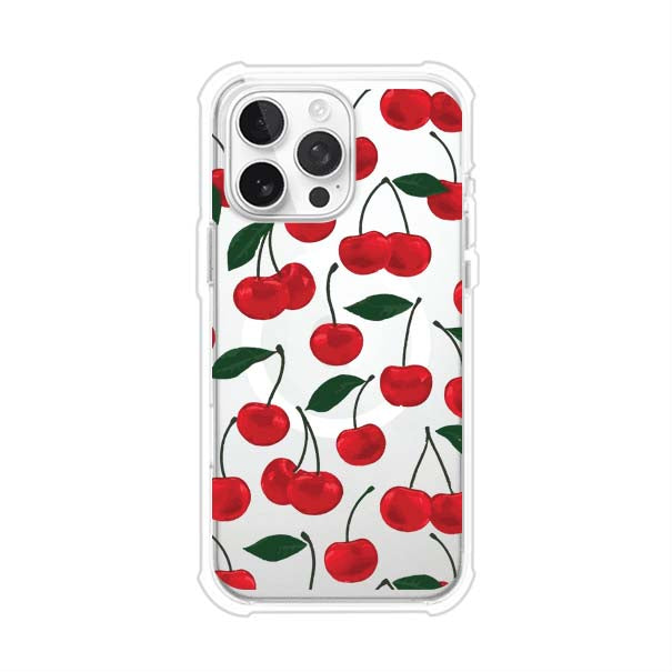 Funda personalizada para iPhone con diseño aesthetic de cerezas (cherries) rojas sobre fondo rosa, ideal para un estilo juvenil y divertido. Producto de Remark MX