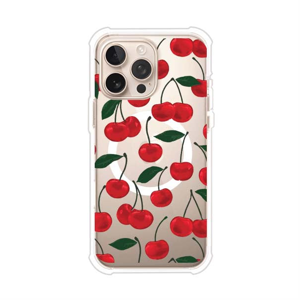 Funda personalizada para iPhone con diseño aesthetic de cerezas (cherries) rojas sobre fondo rosa, ideal para un estilo juvenil y divertido. Producto de Remark MX