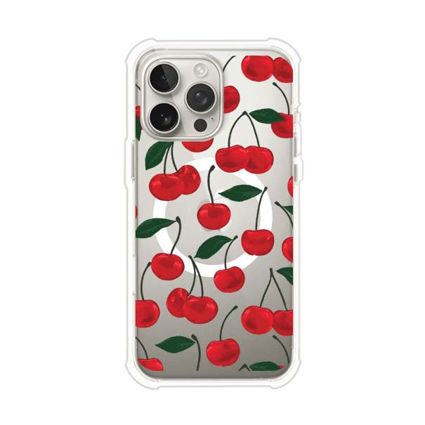 Funda personalizada para iPhone con diseño aesthetic de cerezas (cherries) rojas sobre fondo rosa, ideal para un estilo juvenil y divertido. Producto de Remark MX