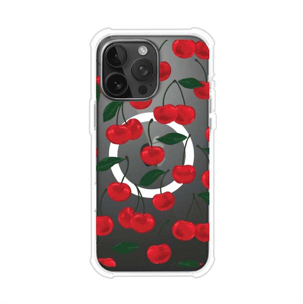 Funda personalizada para iPhone con diseño aesthetic de cerezas (cherries) rojas sobre fondo rosa, ideal para un estilo juvenil y divertido. Producto de Remark MX