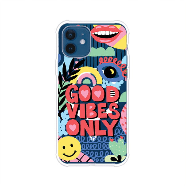 Funda personalizada para iPhone con diseño colorido estilo pop art y frase Good Vibes Only. Ideal para expresar energía positiva. Producto de Remark MX