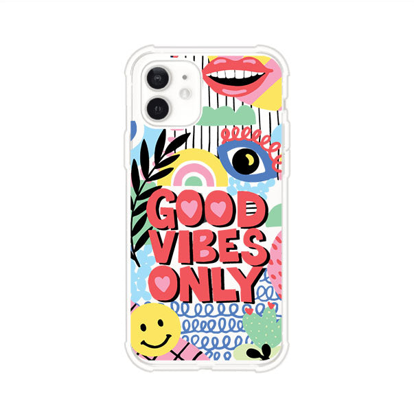Funda personalizada para iPhone con diseño colorido estilo pop art y frase Good Vibes Only. Ideal para expresar energía positiva. Producto de Remark MX