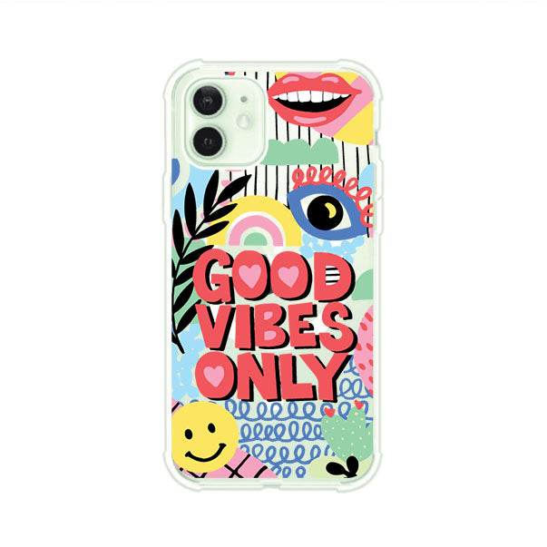 Funda personalizada para iPhone con diseño colorido estilo pop art y frase Good Vibes Only. Ideal para expresar energía positiva. Producto de Remark MX
