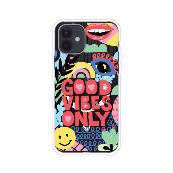 Funda personalizada para iPhone con diseño colorido estilo pop art y frase Good Vibes Only. Ideal para expresar energía positiva. Producto de Remark MX