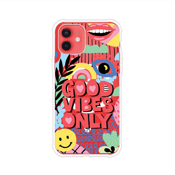 Funda personalizada para iPhone con diseño colorido estilo pop art y frase Good Vibes Only. Ideal para expresar energía positiva. Producto de Remark MX