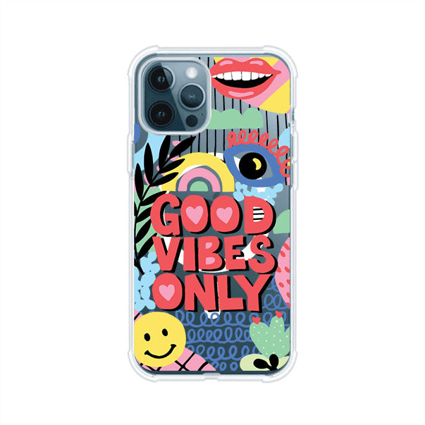 Funda personalizada para iPhone con diseño colorido estilo pop art y frase Good Vibes Only. Ideal para expresar energía positiva. Producto de Remark MX