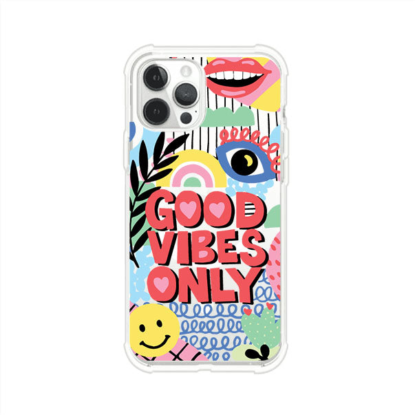 Funda personalizada para iPhone con diseño colorido estilo pop art y frase Good Vibes Only. Ideal para expresar energía positiva. Producto de Remark MX