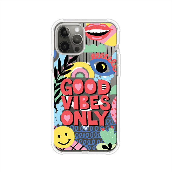 Funda personalizada para iPhone con diseño colorido estilo pop art y frase Good Vibes Only. Ideal para expresar energía positiva. Producto de Remark MX