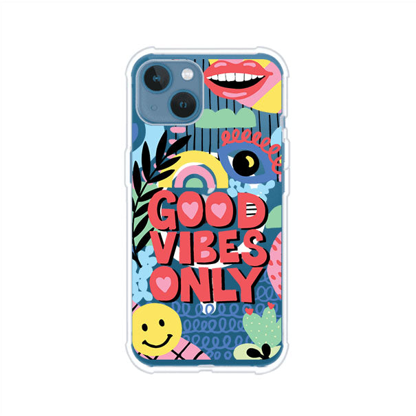 Funda personalizada para iPhone con diseño colorido estilo pop art y frase Good Vibes Only. Ideal para expresar energía positiva. Producto de Remark MX