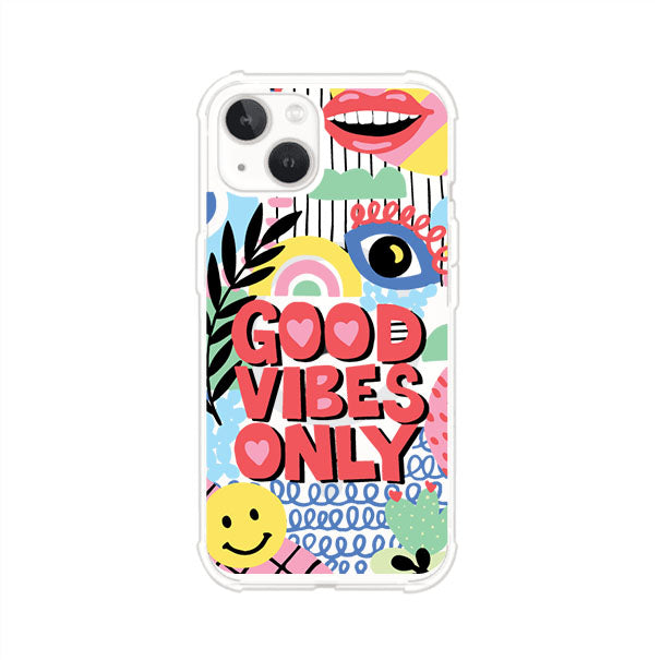 Funda personalizada para iPhone con diseño colorido estilo pop art y frase Good Vibes Only. Ideal para expresar energía positiva. Producto de Remark MX