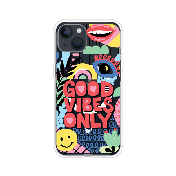 Funda personalizada para iPhone con diseño colorido estilo pop art y frase Good Vibes Only. Ideal para expresar energía positiva. Producto de Remark MX