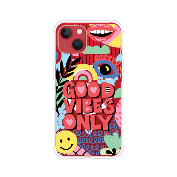 Funda personalizada para iPhone con diseño colorido estilo pop art y frase Good Vibes Only. Ideal para expresar energía positiva. Producto de Remark MX