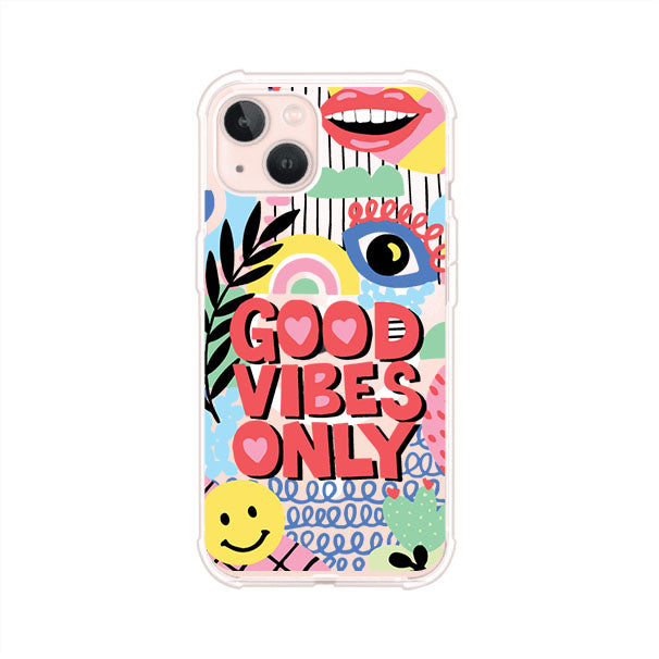 Funda personalizada para iPhone con diseño colorido estilo pop art y frase Good Vibes Only. Ideal para expresar energía positiva. Producto de Remark MX