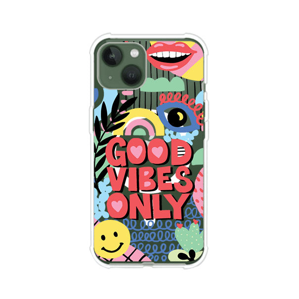 Funda personalizada para iPhone con diseño colorido estilo pop art y frase Good Vibes Only. Ideal para expresar energía positiva. Producto de Remark MX