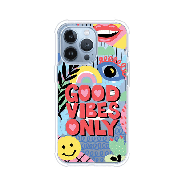 Funda personalizada para iPhone con diseño colorido estilo pop art y frase Good Vibes Only. Ideal para expresar energía positiva. Producto de Remark MX