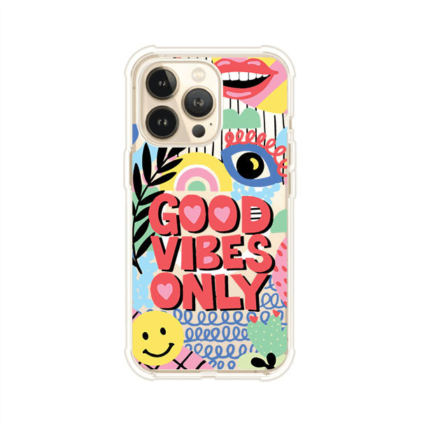 Funda personalizada para iPhone con diseño colorido estilo pop art y frase Good Vibes Only. Ideal para expresar energía positiva. Producto de Remark MX