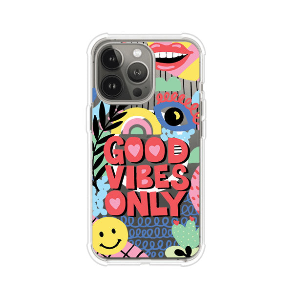 Funda personalizada para iPhone con diseño colorido estilo pop art y frase Good Vibes Only. Ideal para expresar energía positiva. Producto de Remark MX