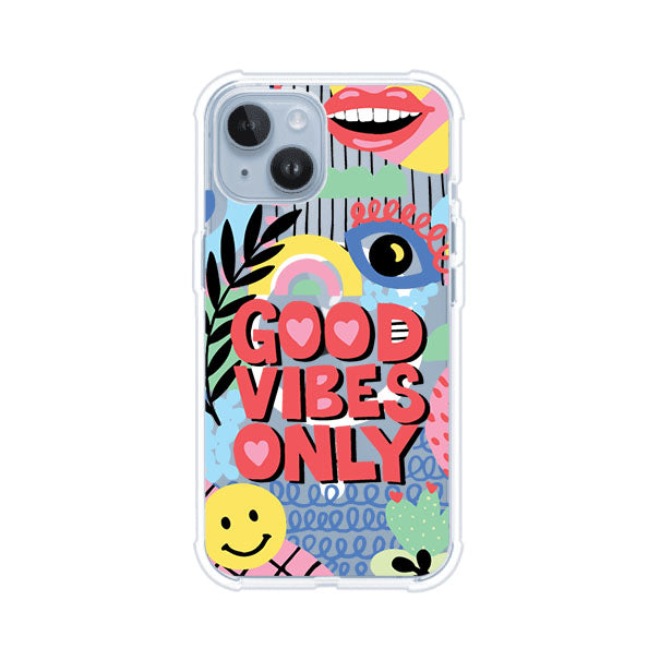 Funda personalizada para iPhone con diseño colorido estilo pop art y frase Good Vibes Only. Ideal para expresar energía positiva. Producto de Remark MX