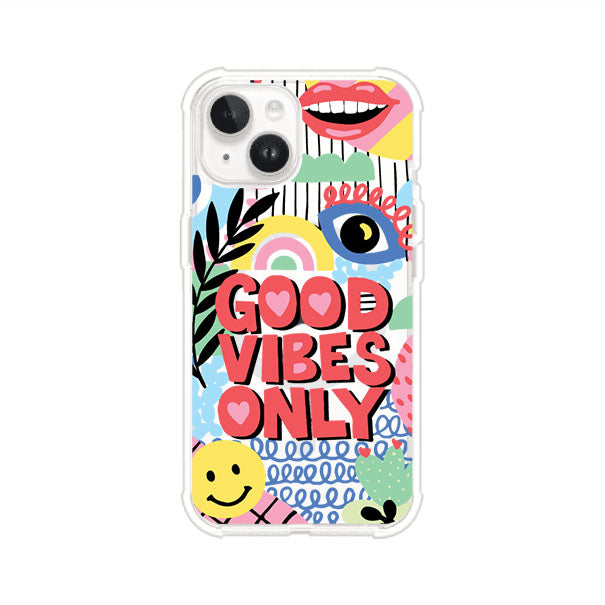 Funda personalizada para iPhone con diseño colorido estilo pop art y frase Good Vibes Only. Ideal para expresar energía positiva. Producto de Remark MX