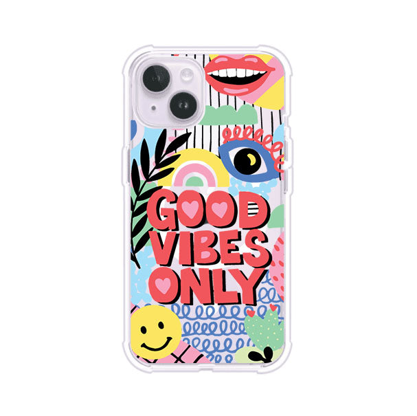 Funda personalizada para iPhone con diseño colorido estilo pop art y frase Good Vibes Only. Ideal para expresar energía positiva. Producto de Remark MX