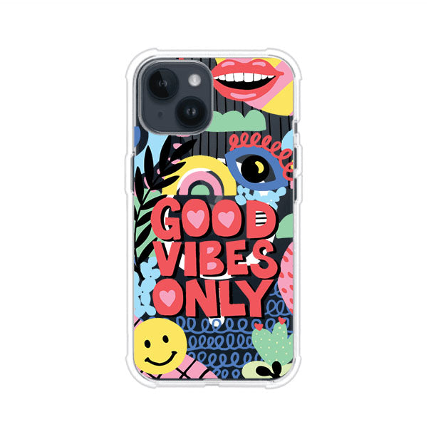 Funda personalizada para iPhone con diseño colorido estilo pop art y frase Good Vibes Only. Ideal para expresar energía positiva. Producto de Remark MX