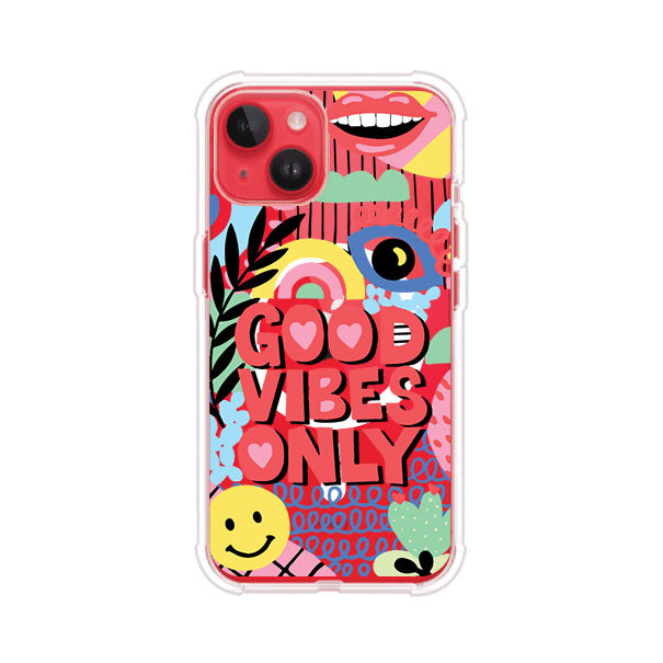 Funda personalizada para iPhone con diseño colorido estilo pop art y frase Good Vibes Only. Ideal para expresar energía positiva. Producto de Remark MX