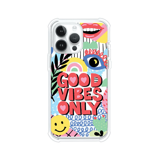 Funda personalizada para iPhone con diseño colorido estilo pop art y frase Good Vibes Only. Ideal para expresar energía positiva. Producto de Remark MX