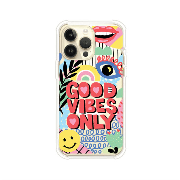 Funda personalizada para iPhone con diseño colorido estilo pop art y frase Good Vibes Only. Ideal para expresar energía positiva. Producto de Remark MX