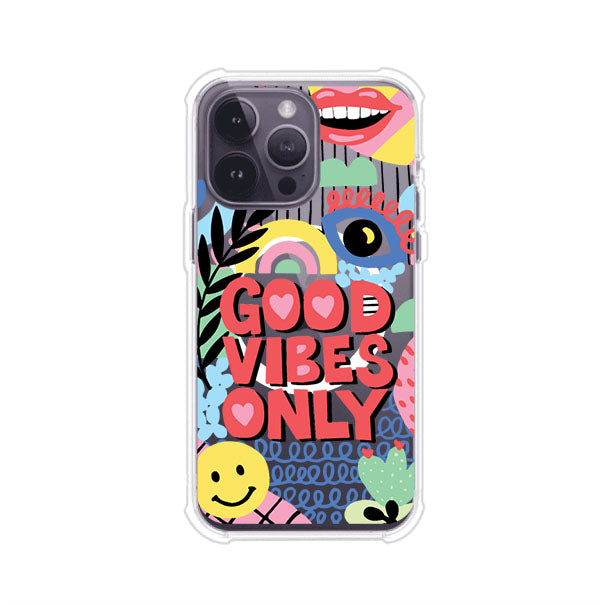 Funda personalizada para iPhone con diseño colorido estilo pop art y frase Good Vibes Only. Ideal para expresar energía positiva. Producto de Remark MX