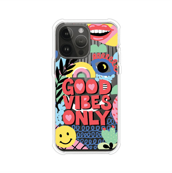 Funda personalizada para iPhone con diseño colorido estilo pop art y frase Good Vibes Only. Ideal para expresar energía positiva. Producto de Remark MX