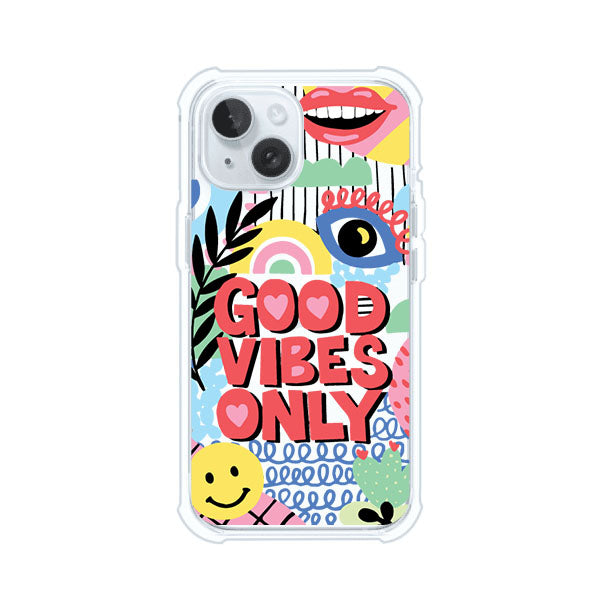 Funda personalizada para iPhone con diseño colorido estilo pop art y frase Good Vibes Only. Ideal para expresar energía positiva. Producto de Remark MX
