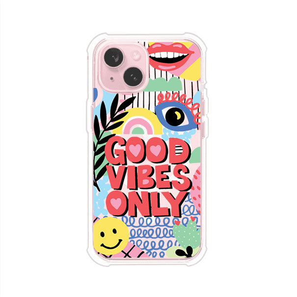 Funda personalizada para iPhone con diseño colorido estilo pop art y frase Good Vibes Only. Ideal para expresar energía positiva. Producto de Remark MX
