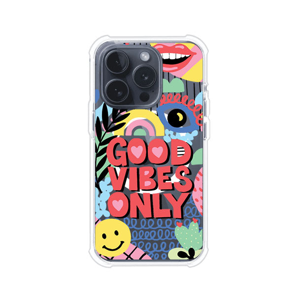 Funda personalizada para iPhone con diseño colorido estilo pop art y frase Good Vibes Only. Ideal para expresar energía positiva. Producto de Remark MX
