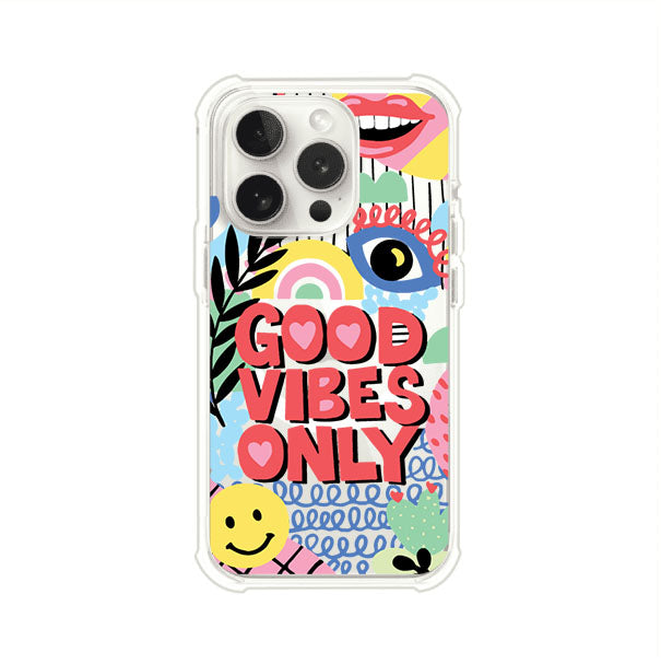 Funda personalizada para iPhone con diseño colorido estilo pop art y frase Good Vibes Only. Ideal para expresar energía positiva. Producto de Remark MX
