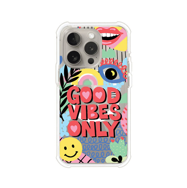 Funda personalizada para iPhone con diseño colorido estilo pop art y frase Good Vibes Only. Ideal para expresar energía positiva. Producto de Remark MX