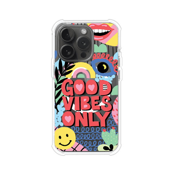Funda personalizada para iPhone con diseño colorido estilo pop art y frase Good Vibes Only. Ideal para expresar energía positiva. Producto de Remark MX