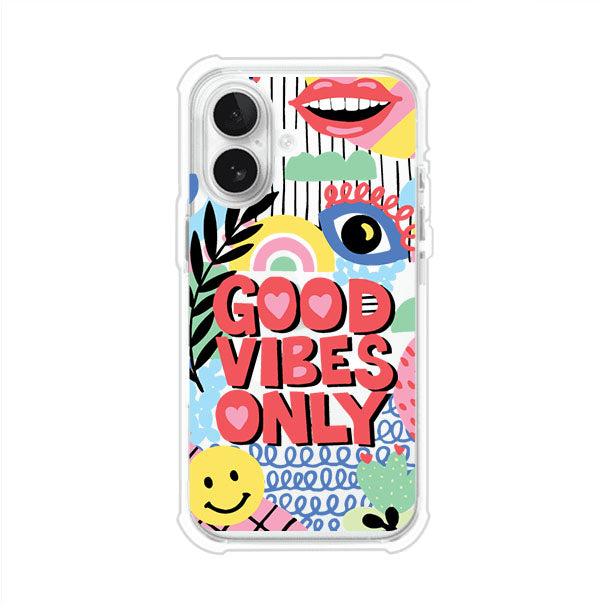 Funda personalizada para iPhone con diseño colorido estilo pop art y frase Good Vibes Only. Ideal para expresar energía positiva. Producto de Remark MX
