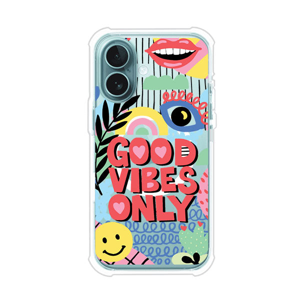 Funda personalizada para iPhone con diseño colorido estilo pop art y frase Good Vibes Only. Ideal para expresar energía positiva. Producto de Remark MX