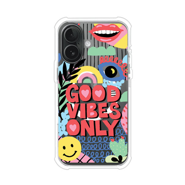 Funda personalizada para iPhone con diseño colorido estilo pop art y frase Good Vibes Only. Ideal para expresar energía positiva. Producto de Remark MX