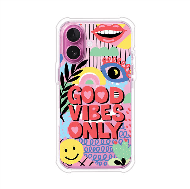 Funda personalizada para iPhone con diseño colorido estilo pop art y frase Good Vibes Only. Ideal para expresar energía positiva. Producto de Remark MX
