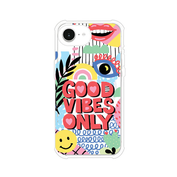 Funda personalizada para iPhone con diseño colorido estilo pop art y frase Good Vibes Only. Ideal para expresar energía positiva. Producto de Remark MX