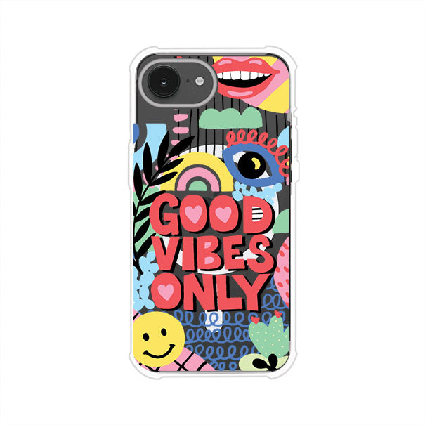 Funda personalizada para iPhone con diseño colorido estilo pop art y frase Good Vibes Only. Ideal para expresar energía positiva. Producto de Remark MX