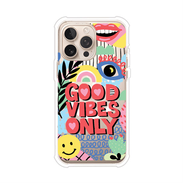 Funda personalizada para iPhone con diseño colorido estilo pop art y frase Good Vibes Only. Ideal para expresar energía positiva. Producto de Remark MX
