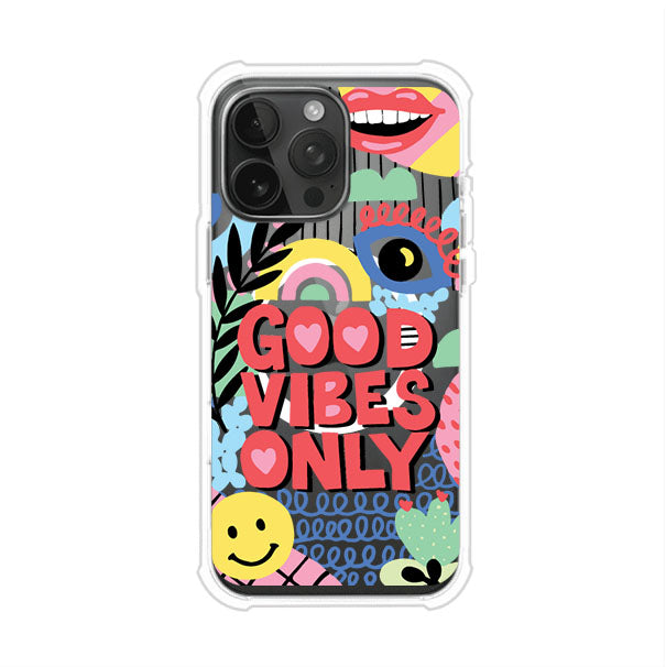 Funda personalizada para iPhone con diseño colorido estilo pop art y frase Good Vibes Only. Ideal para expresar energía positiva. Producto de Remark MX