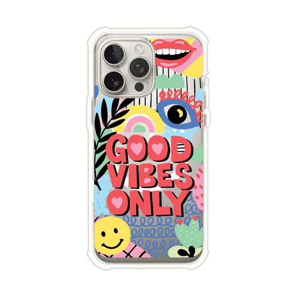 Funda personalizada para iPhone con diseño colorido estilo pop art y frase Good Vibes Only. Ideal para expresar energía positiva. Producto de Remark MX