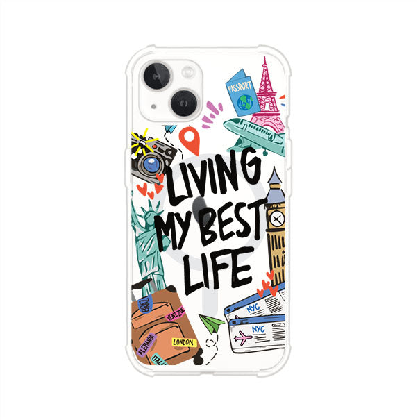 Funda personalizada para iPhone con frase 'Living My Best Life' y diseño de elementos viajeros como maletas, torre Eiffel, Big Ben y boletos de avión; producto de Remark MX
